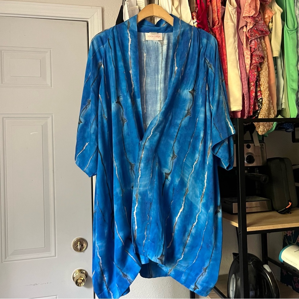 KINGA CSILLA blue‎ tie dye batik draped kimono coverup shirt blouse